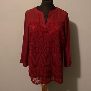 Valerie Stevens Women's Red Split Neck Long Sleeve Lace Top